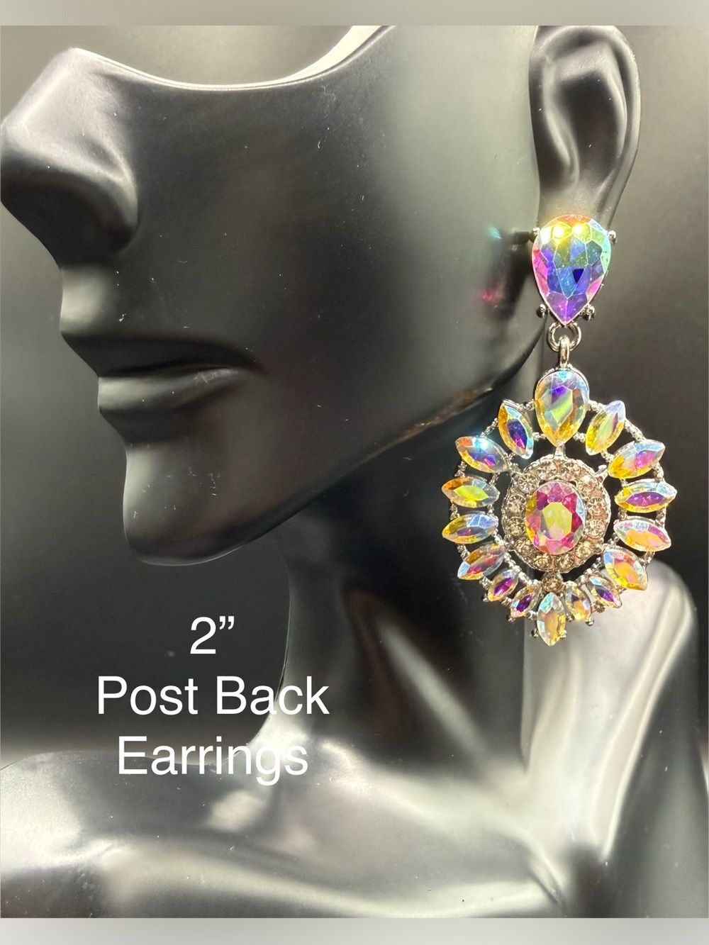 E74. Iridescent Rhinestone Sunburst Statement Earrings
